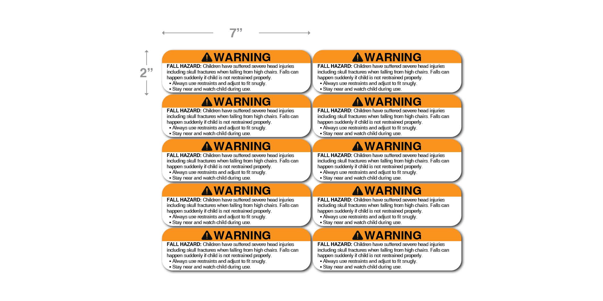 High Chair Warning Labels, 2 x 7 inches, Fall Hazard Safety Decals, Superstick Material, Pack of 10