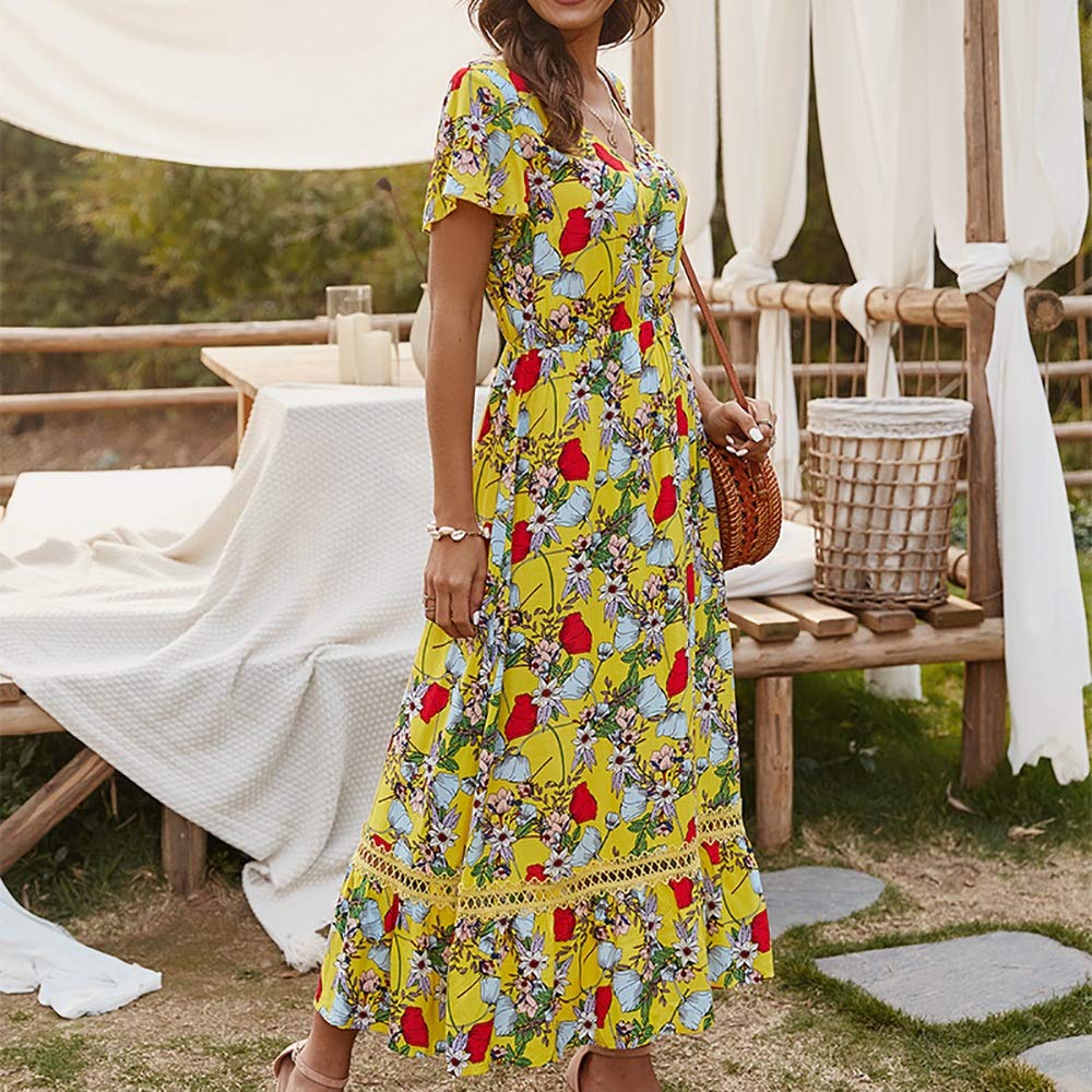 MUMZUGI Vestiti Donna Estivi Lunghi Abiti Prendisole Senza Maniche Maxi Eleganti Fiori Beachwear Arancione 2 S 122419506
