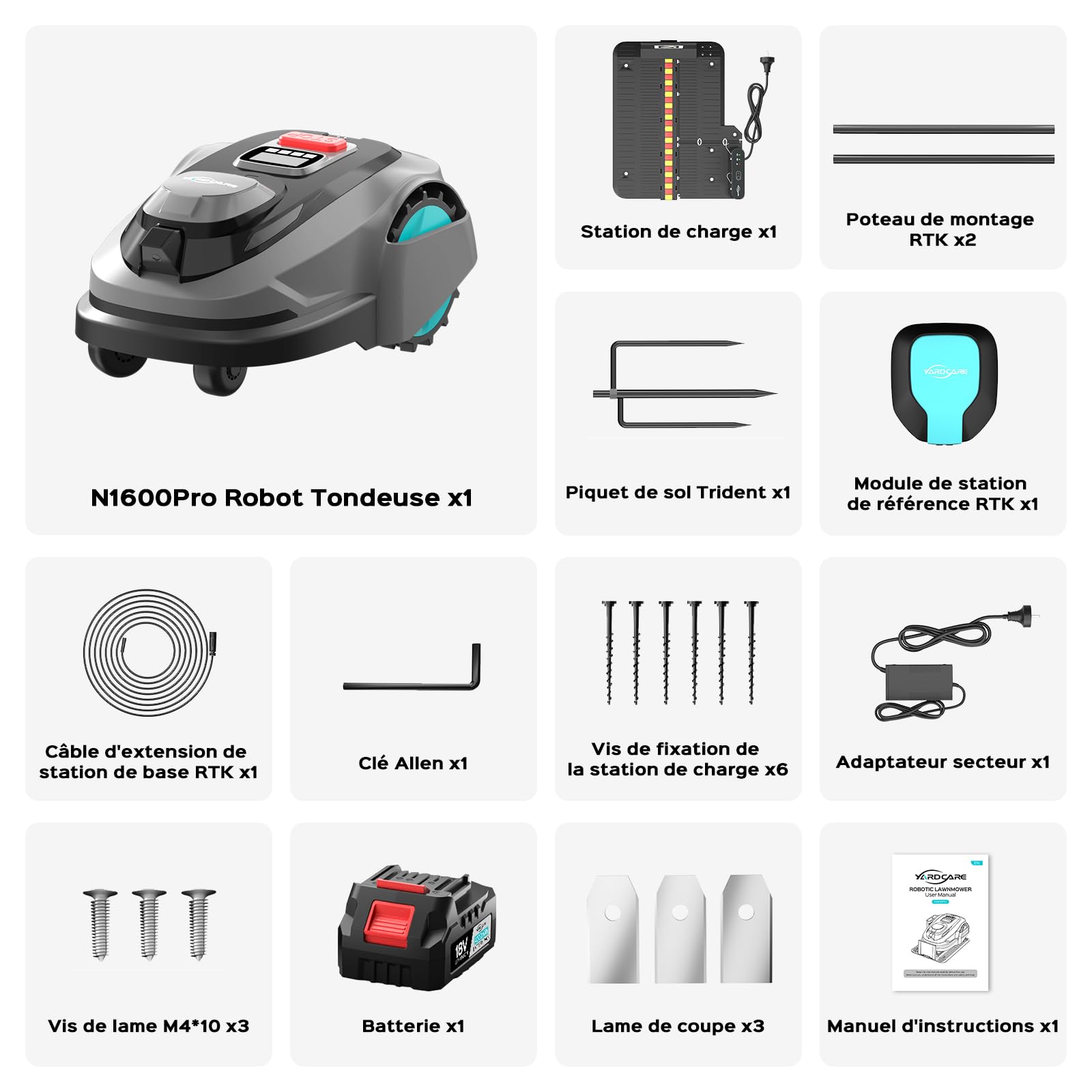 YARDCARE N1600PRO Robot Tondeuse sans câble périphérique, jusqu'à 1600 m², Navigation RTK et Vision IA, détection de Plus de 300 Obstacles, Tonte en U, APP Gestion Multi-Zones et Hauteur 20–60 mm