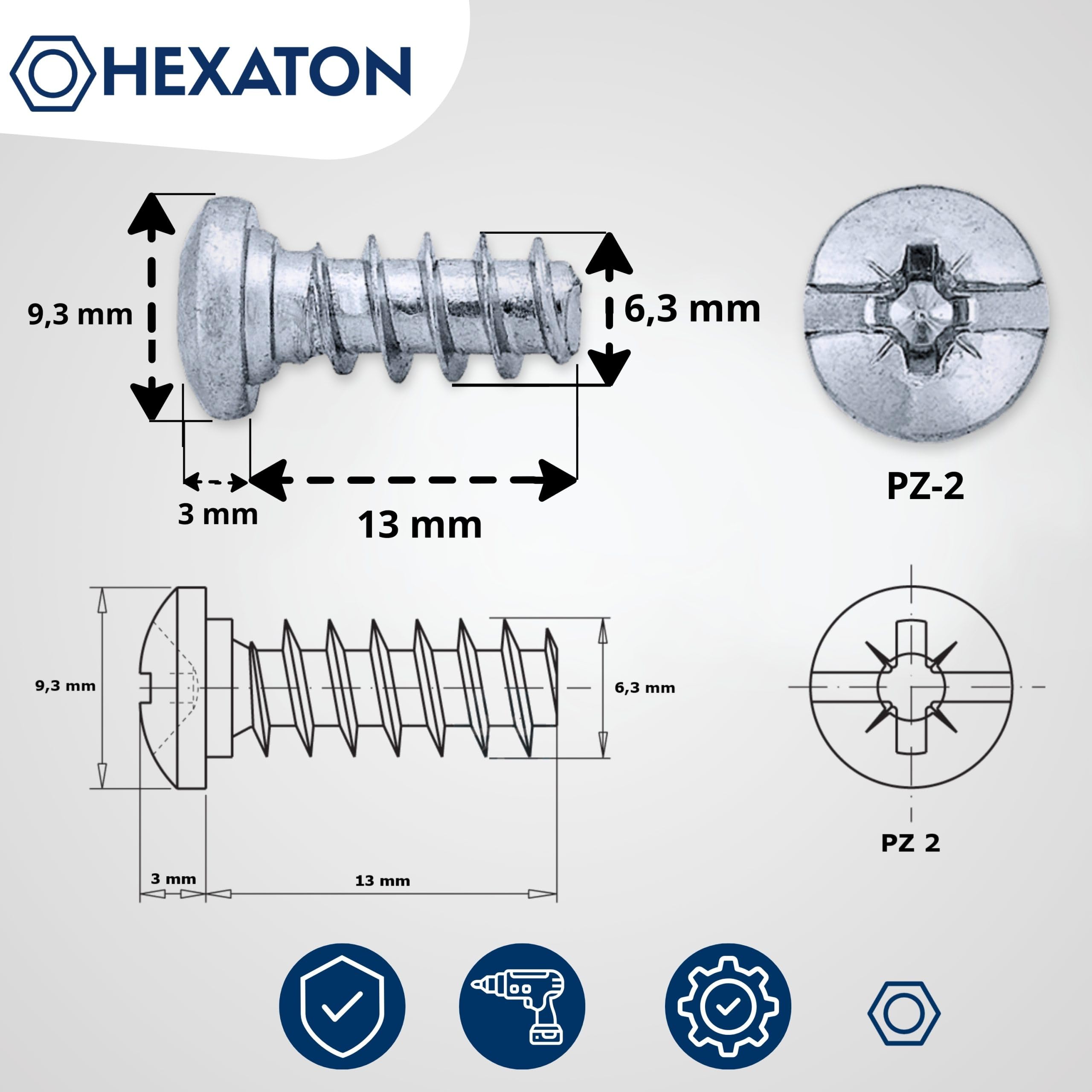 HEXATON Euro Screws 6.3 x 13 mm - 50 Pieces - Rounded Head - Pozidriv - Zinc Plated - Furniture Screws for Hinges Drawer Guides - Image 2