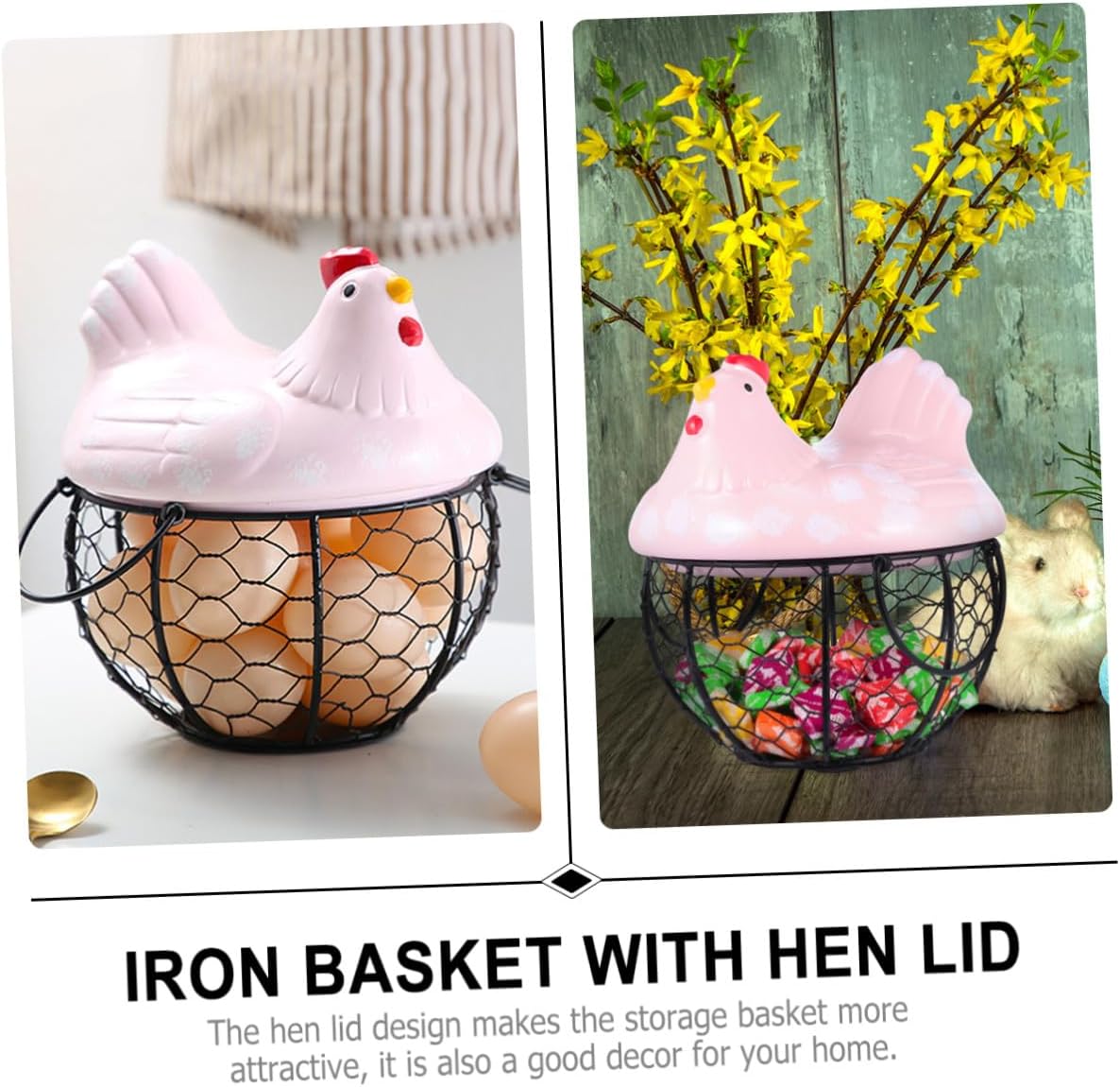 Small Iron Egg Basket with Hen Lid, Pink Wire Fruit and Snack Storage Basket for Kitchen Organization and Dining Table Decoration