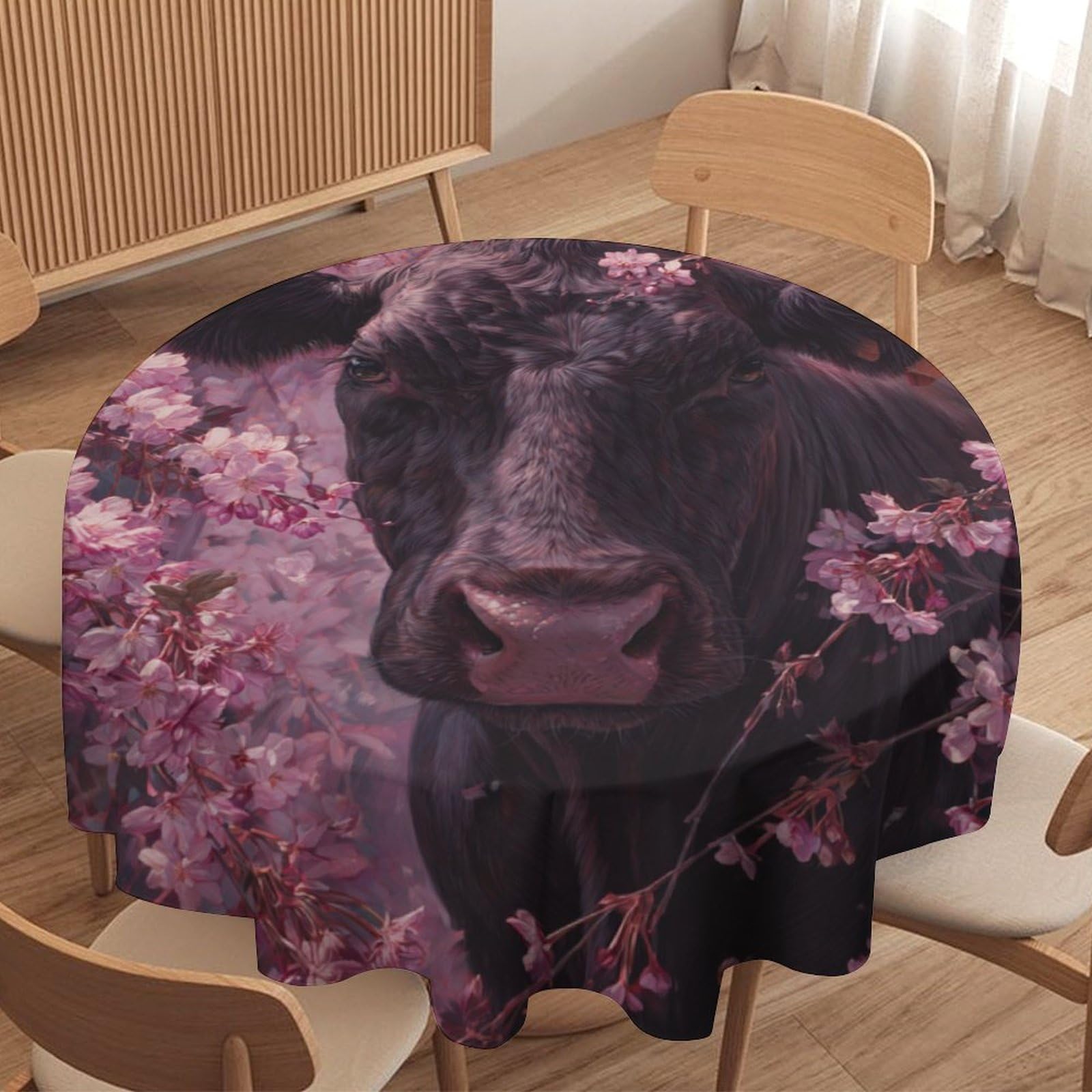 LUYYSKY Colorful Realistic Black Cow Waterproof Round Tablecloth Vintage Classic Art Plant Cherry Blossom Flowers Animals Cow Print Washable Table Cover for Kitchen-177.8" Wx177.8 L cm