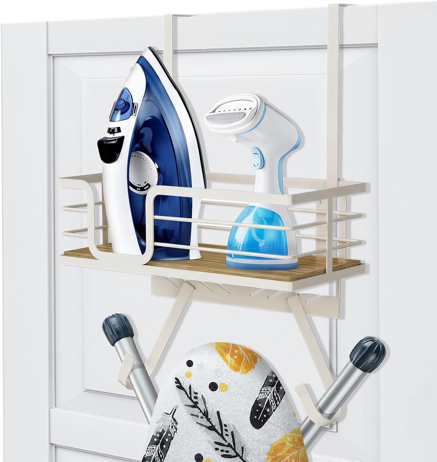 TJ.MOREE Over The Door/Wall Mount Ironing Board Hanger, Laundry Room Iron and Ironing Board Caddy Storage for Water Mister, Fabric Sprays, Laundry Detergent, White