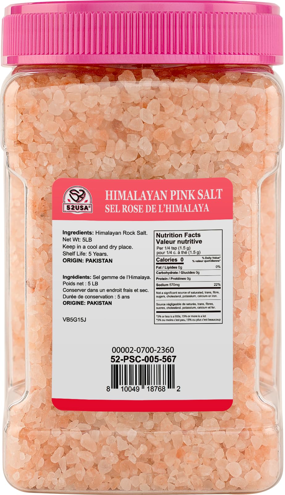 52usa Himalajska różowa sól gruboziarnista, plastikowy słoik - 2,3 kg do młynków uzupełniających