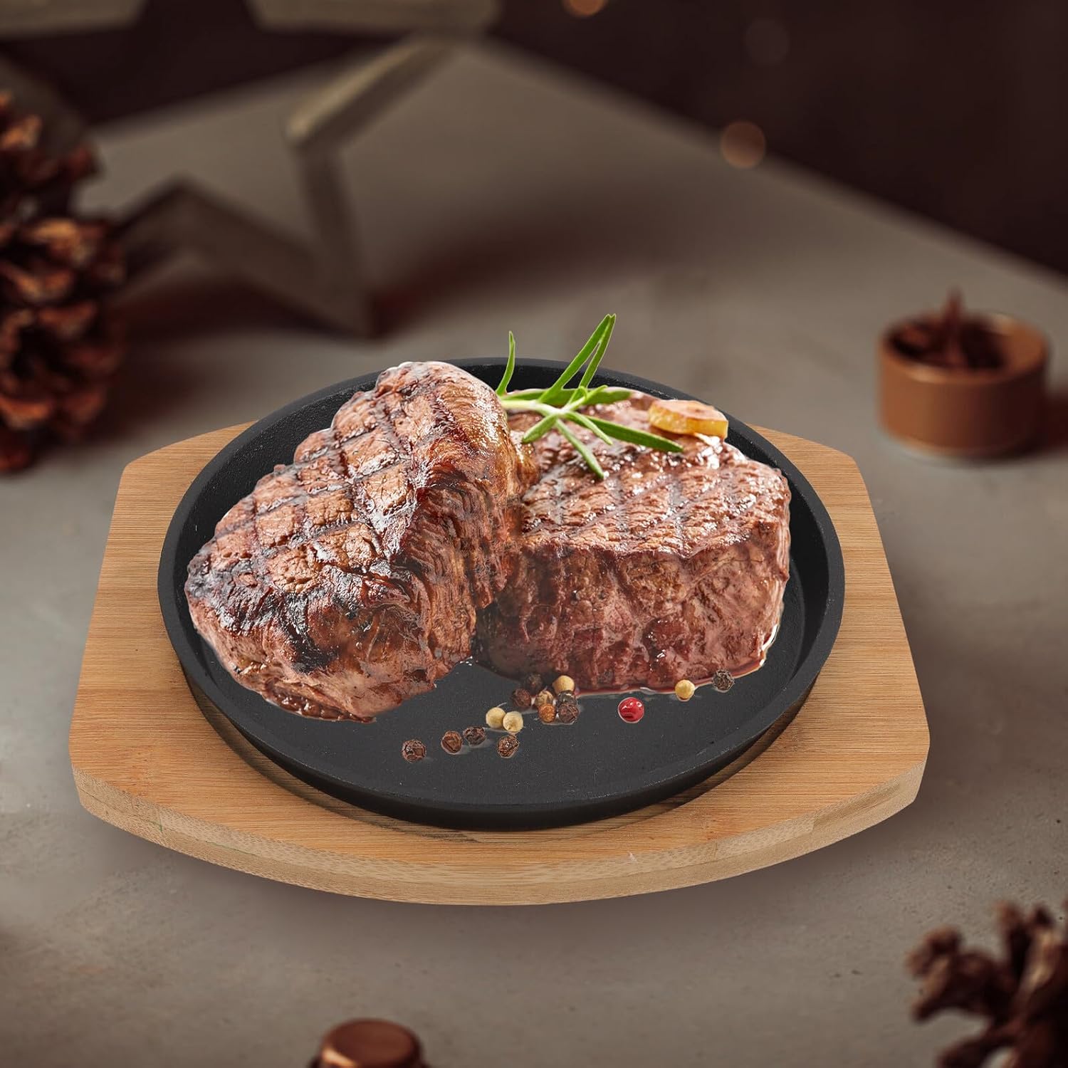 Luxshiny Steak Grilling Pan with Redwood Base 20cm Non-stick Barbecue Serving Tray Reusable Cooking Pan for Restaurant and Home Teppanyaki Cooking