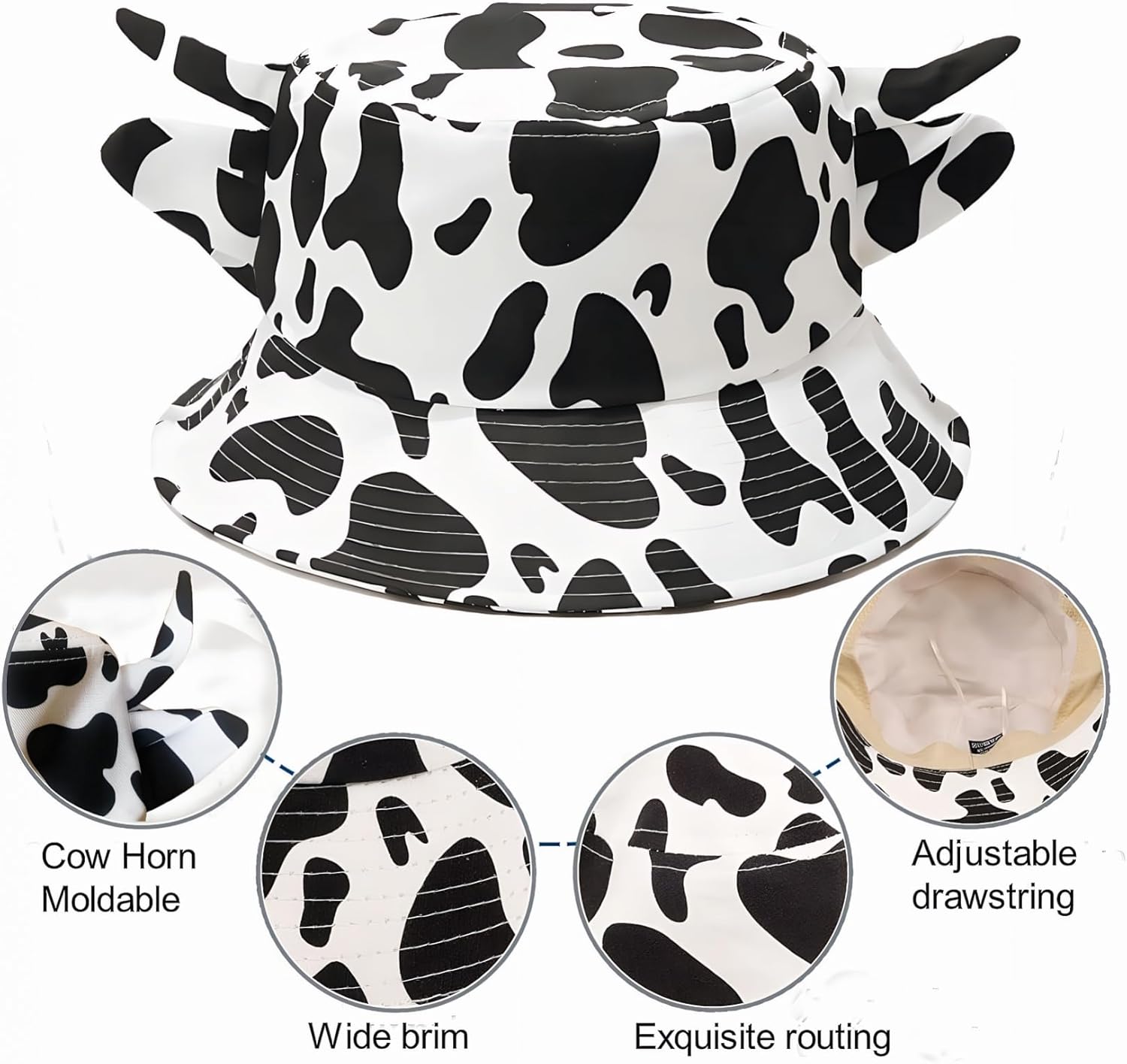 Cow Print Bucket Hat with Cute Horn Ears Cow Print Summer Beach Sun Hat Fisherman's Cow Bucket Hat - Image 4