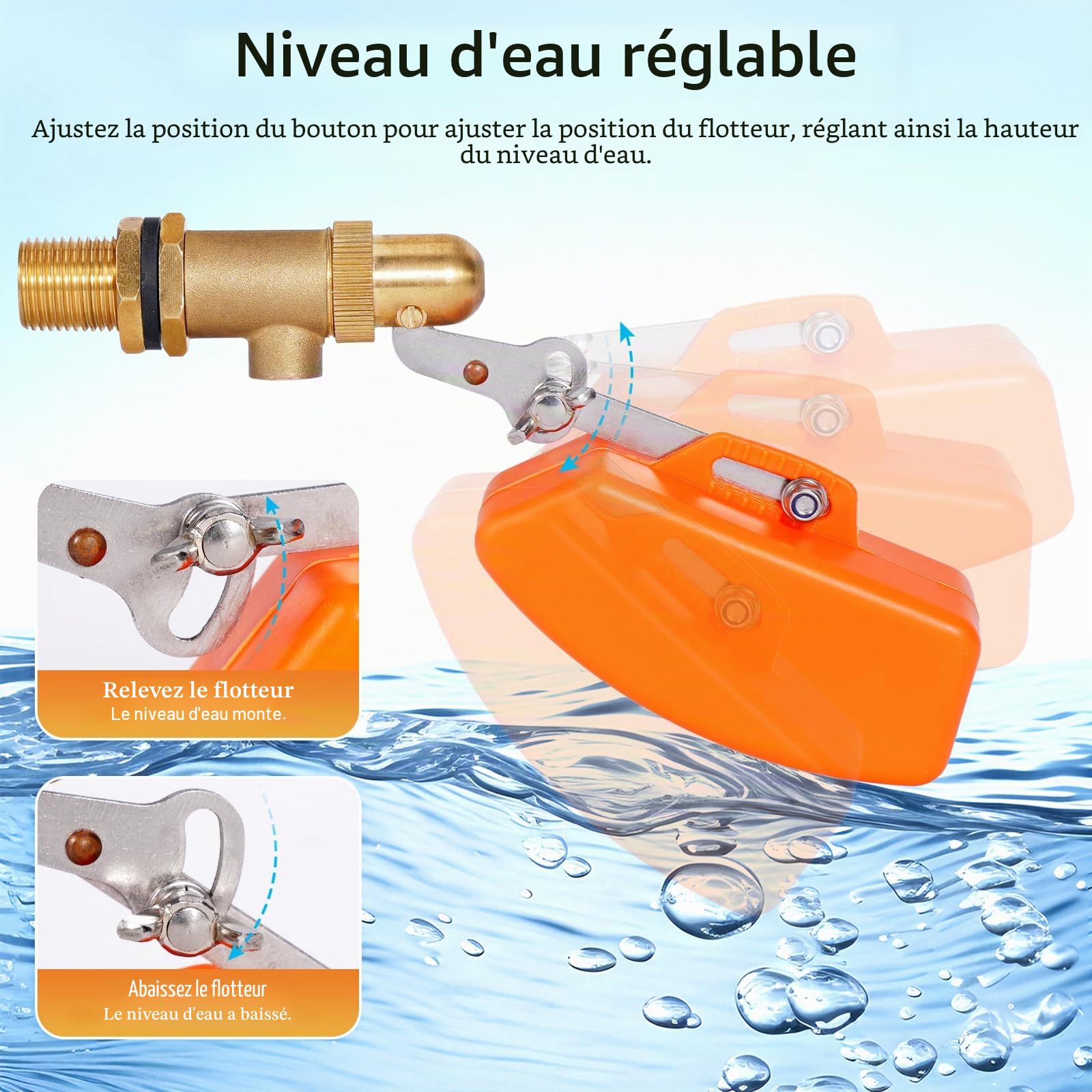Robinet flotteur en laiton 1/2" - Robinet flotteur automatique pour réservoir d'eau, piscine, abreuvoir, flotteur orange en plastique - Interrupteur à flotteur
