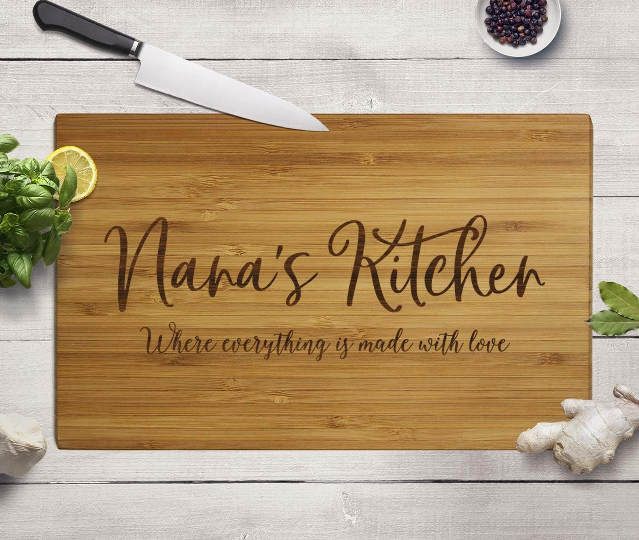 Andaz Press Large Bamboo Wood Cutting Board Gift, 17.75 x 11-inch, Nana's Kitchen Where Everything is Made With Love, 1-Pack, Engraved Serving Chopping Board Christmas Birthday Chef Kitchen Ideas