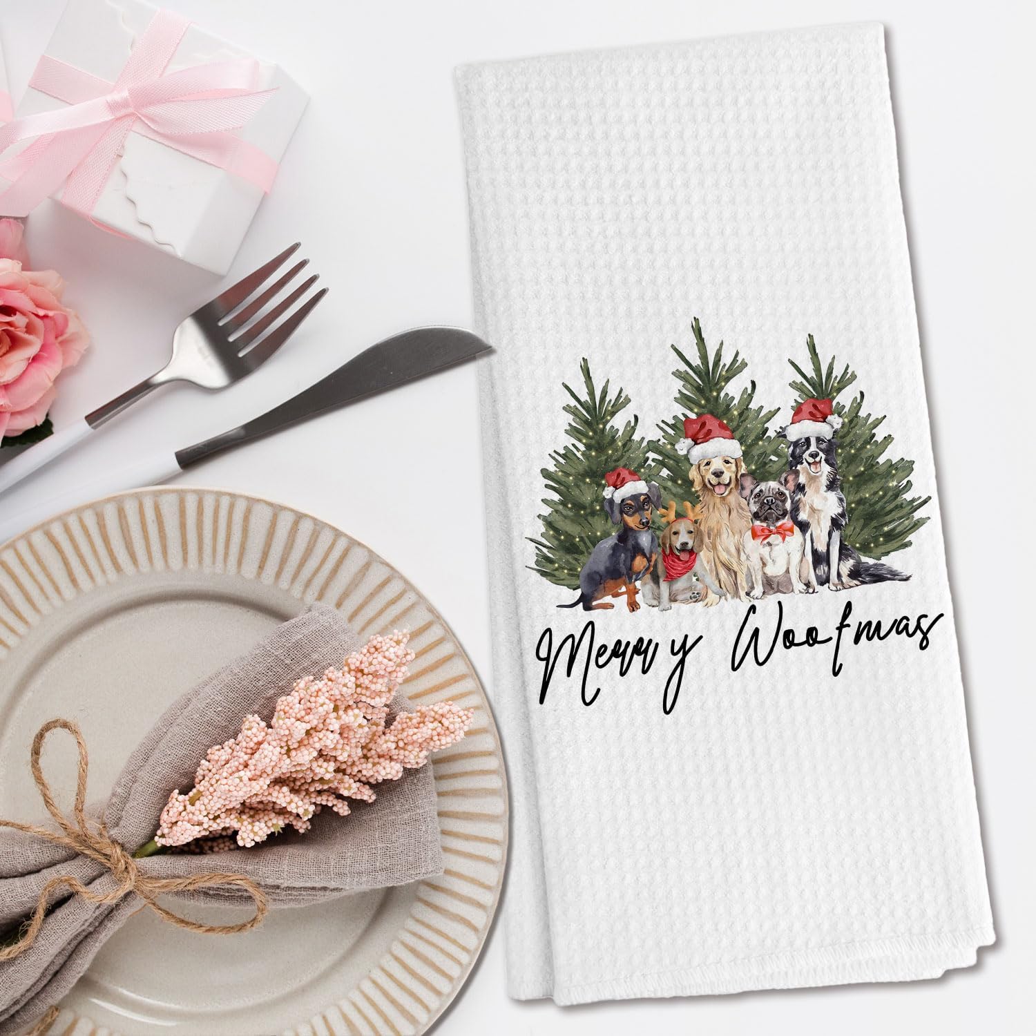 Christmas Tree Dog Kitchen Towels, Gifts for Dog Lovers Decorative Hand Towels for Bathroom, Winter Christmas Santa Hat Dogs Dish Tea Towels for Kitchen Decor, 16x24 Inch - Image 2