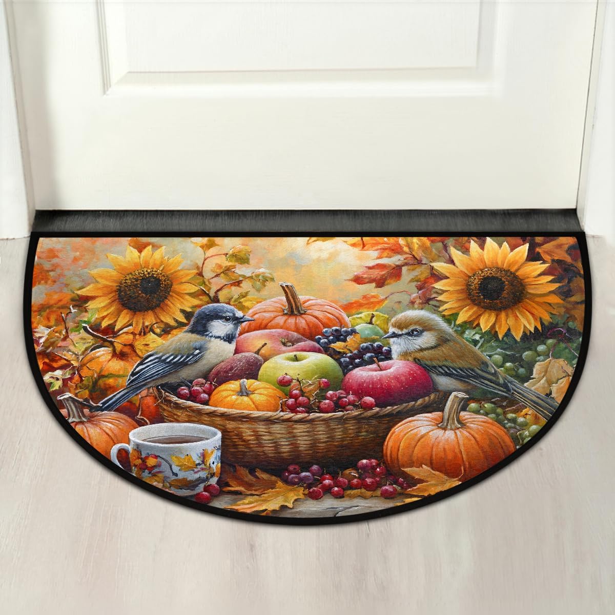 Thanksgiving Pumpkin Flowers Half Round Door Mat Autumn Non Slip Washable Semi Circle Area Rug Absorbent Soft Half Moon Rug Floor Mat for Indoor Outdoor Kitchen Bathroom Patio Front Door Mat Decor