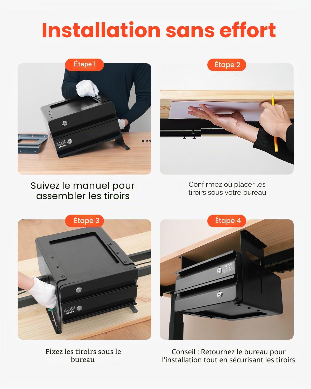 VEVOR Tiroir Coulissant sous Bureau, 365x335x250 mm, Tiroir Organisateur de Rangement de Bureau Caché Verrouillable, Capacité de Charge 5 kg, pour Maison sous Table, Poste de Travail Assis-Debout