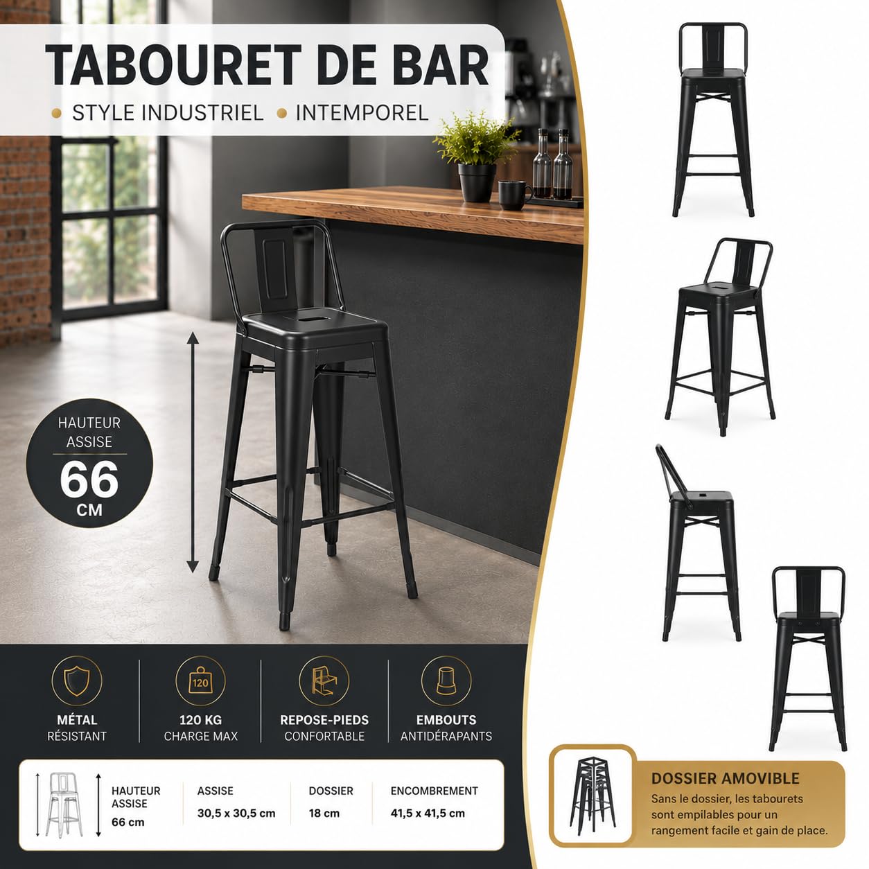 Kosmi Lot de 4 Tabourets de Bar Industriels Métal Noir – Hauteur d'Assise 66 cm – avec Dossier Amovible – Empilables sans Dossier – Repose-Pieds – pour Îlot Central, Cuisine, Bar, Restaurant