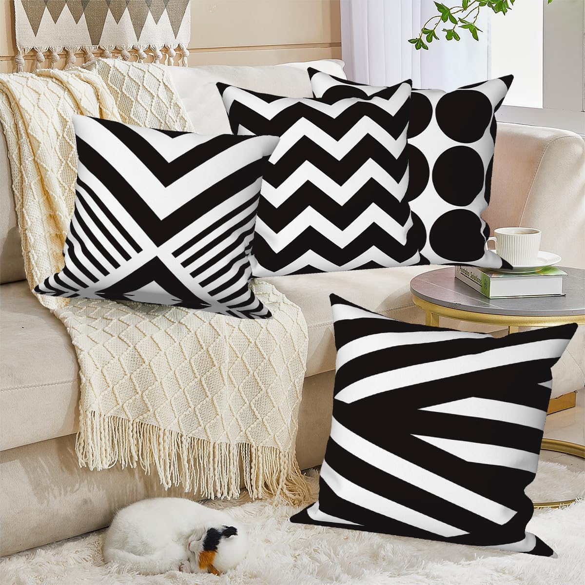 Geometric Throw Pillow Covers Black White 26x26 Set of 4 Strips Circle Minimalist Geometry Modern Line Neutral Linen Decorative Pillow Cushion Cases Sofa Bedroom Outdoor Farmhouse Home