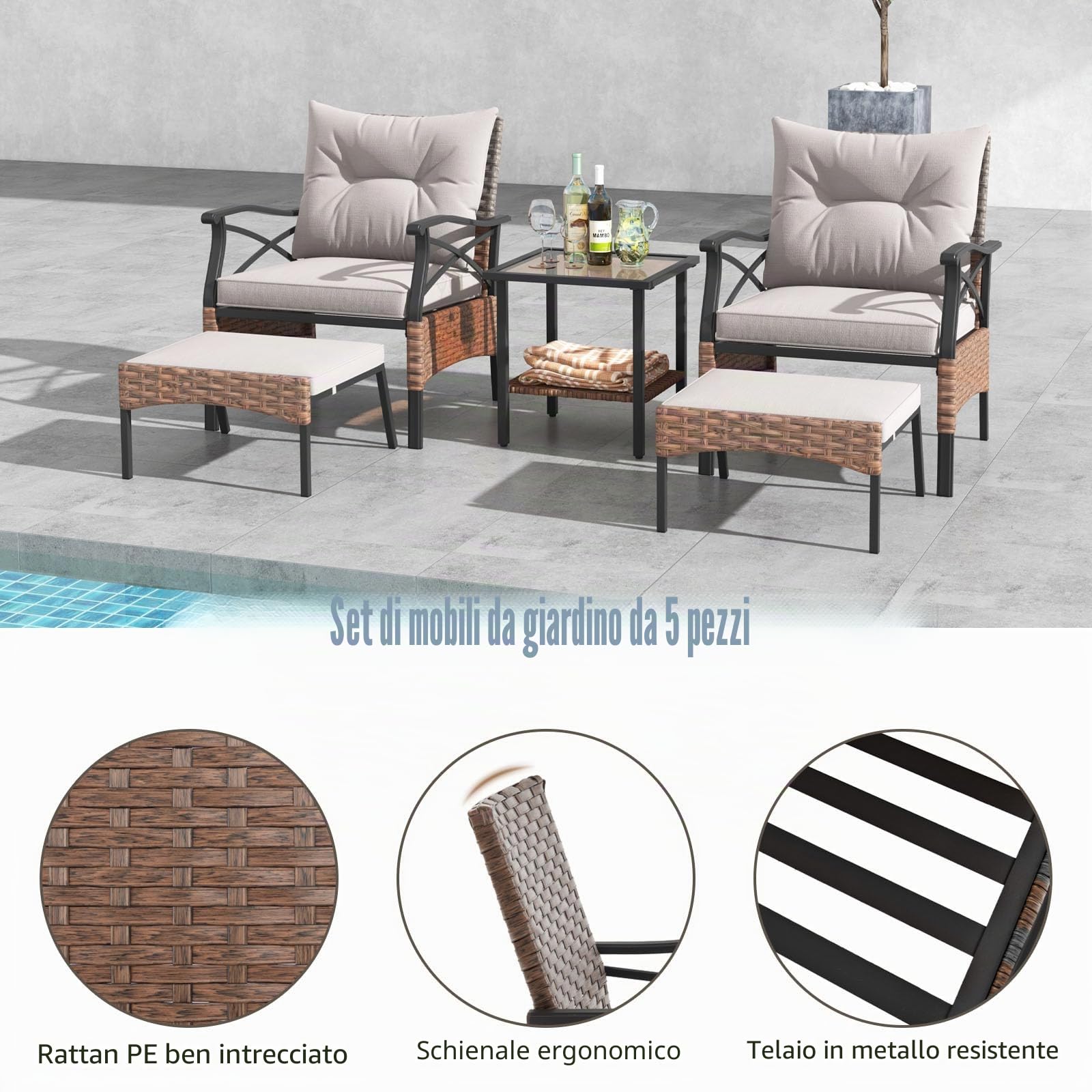 LIFEZEAL Salotto da Giardino in Rattan PE 5 Pezzi, 2 Poltrone con Cuscini, 2 Poggiapiedi, Tavolino in Vetro, Marrone