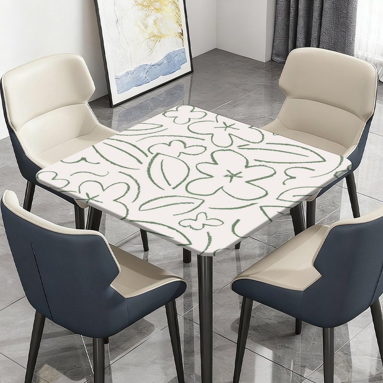 Highdi Flowers Waterproof Square Tablecloth Cover - Oxford Cloth - Elastic Fitted for Kitchen/Garden Rectangular Tables, Stain-Resistant Wipe-Clean Table Cover (Beige,170x170cm)