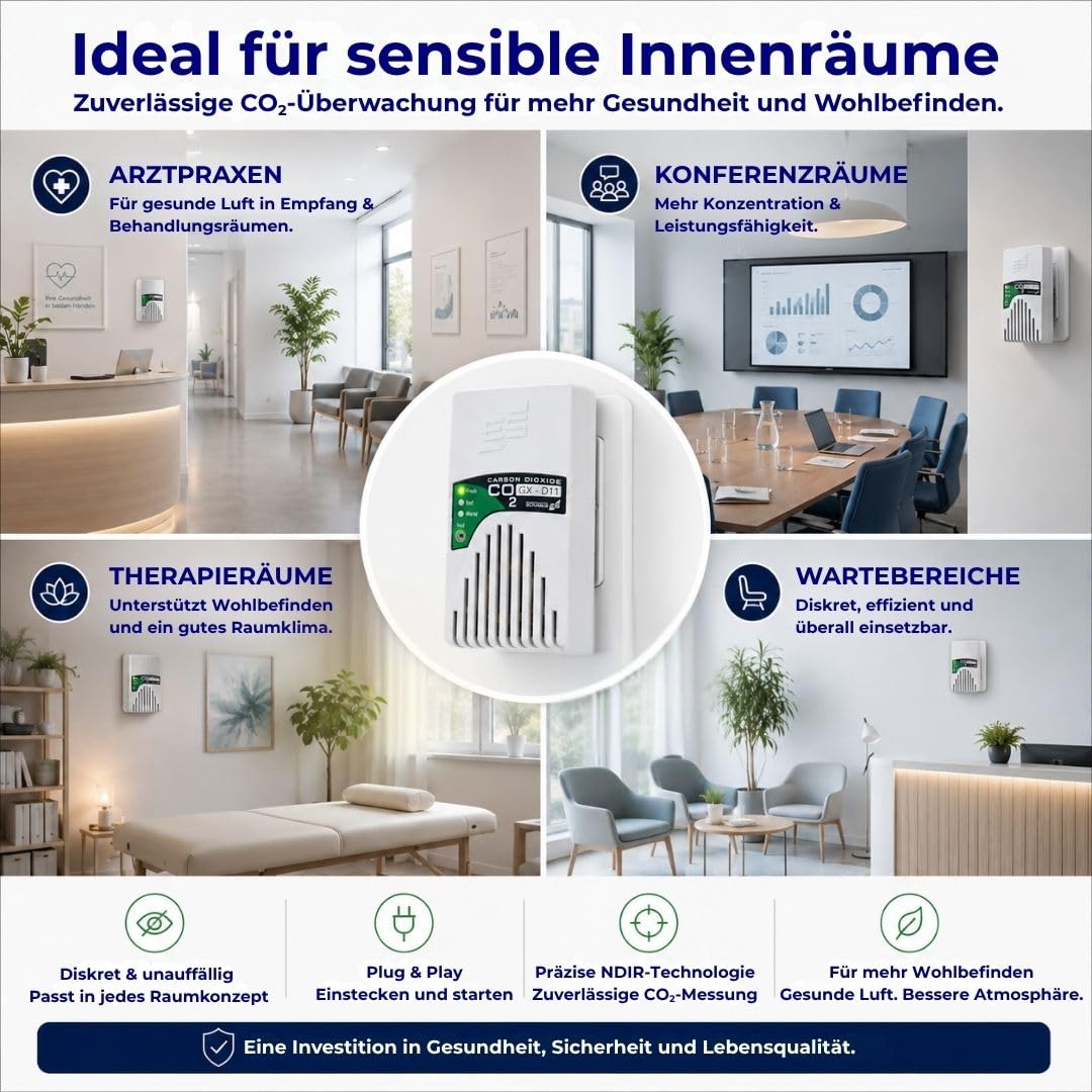Schabus GX-D11 CO₂ Steckdosen-Ampel ideal für Arztpraxen | Plug & Play CO₂-Warngerät, LED-Ampel (grün/gelb/rot), Akustisches Signal, Automatische Kalibrierung