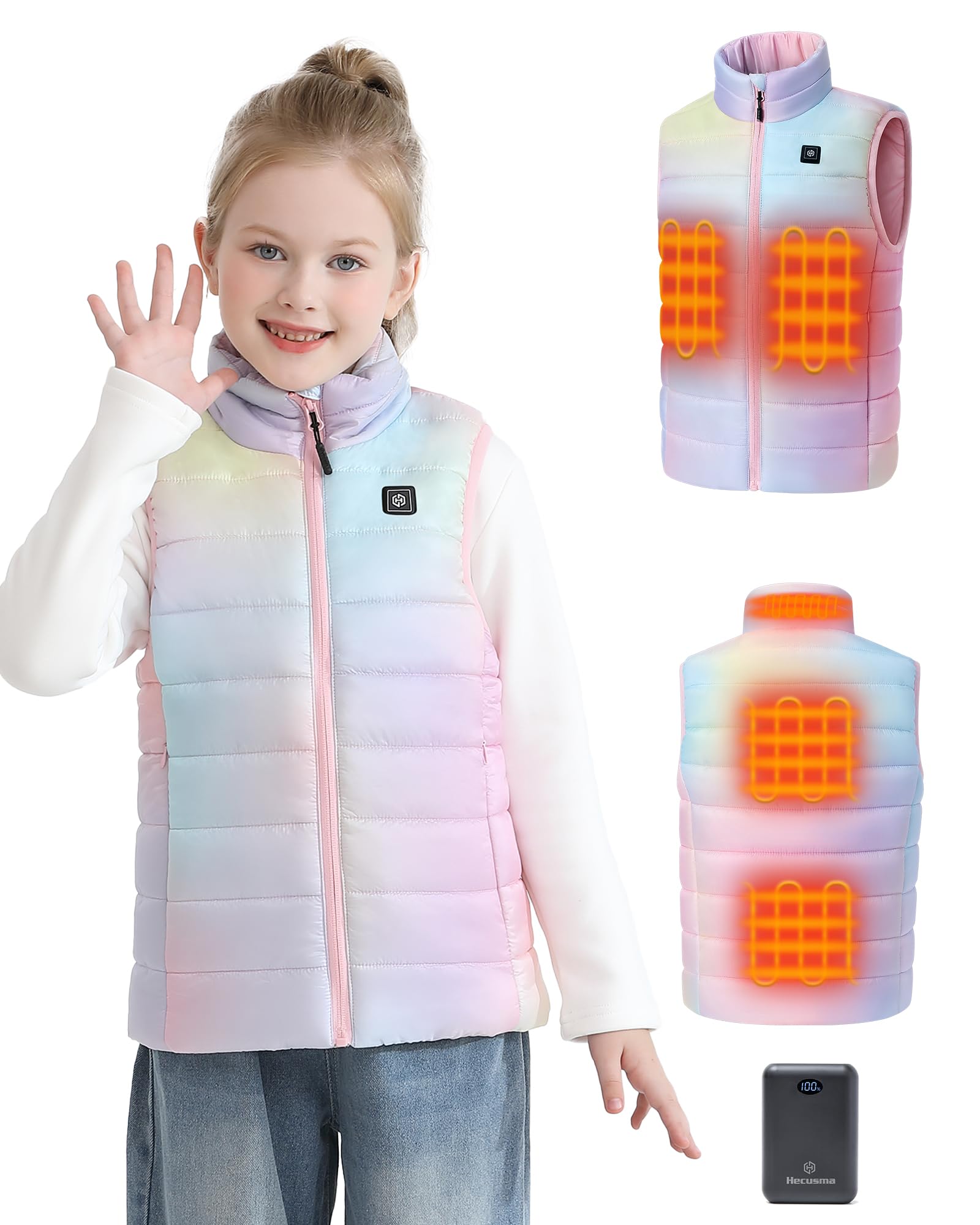 Unisex Beheizbare Weste Kinder mit Powerbank 12000mAh 7,4V, Leichte Heizweste Kinder mit 5 Heizzone, Elektrisch Heizweste Jungen und Mädchen für Outdoor