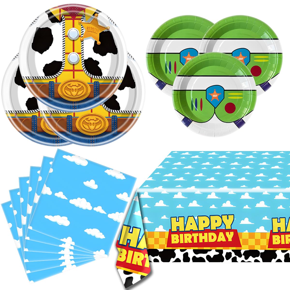 Cartoon Story Party Tableware Set, Blue Sky White Cloud Cow Tablecloth, Toy Theme Birthday Party Tableware Set