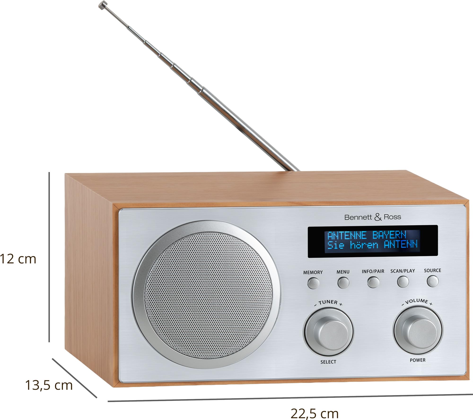 Bennett & Ross DAB-258 NT Vikedal DAB+/FM Digitalradio - Bluetooth Streaming vom Smartphone - USB MP3 Player und AUX - Dual Wecker mit Snooze und Sleep-Timer - LCD-Display - Natur