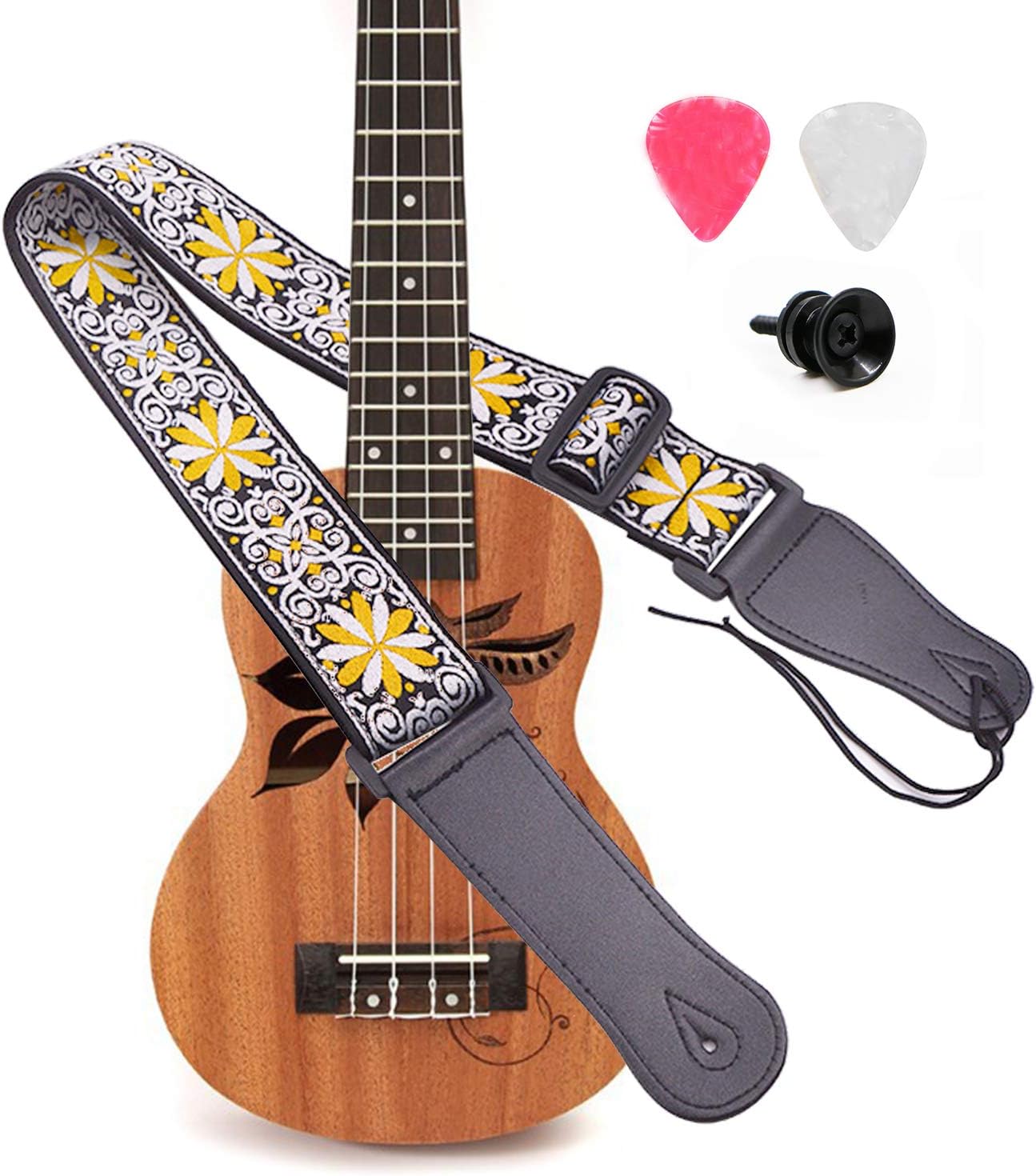 Ukulele Strap, Adjustable Hawaiian Jacquard Woven Ukulele Shoulder Strap, Suitable for Soprano Concert Tenor Baritone String Instruments (Yellow flower embroidery)