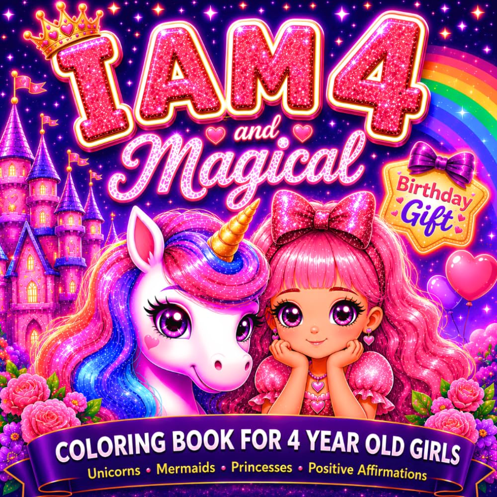 I Am 4 and Magical: Birthday Gift for Four Year Old Girls: A Magical Coloring Book with Unicorns, Mermaids, Princesses and Positive Affirmations for Age 4