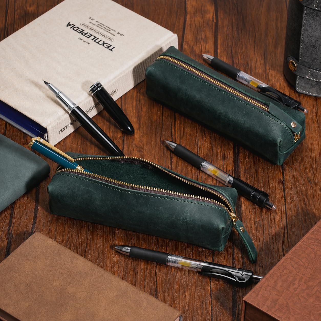 ECHSRT Small Pencil Pouch-Full-Grain Leather Pencil Case for Men- Vintage Genuine Leather Pouch for Adults-Stationery Organizer Bag for Work & Travel-Square-Green