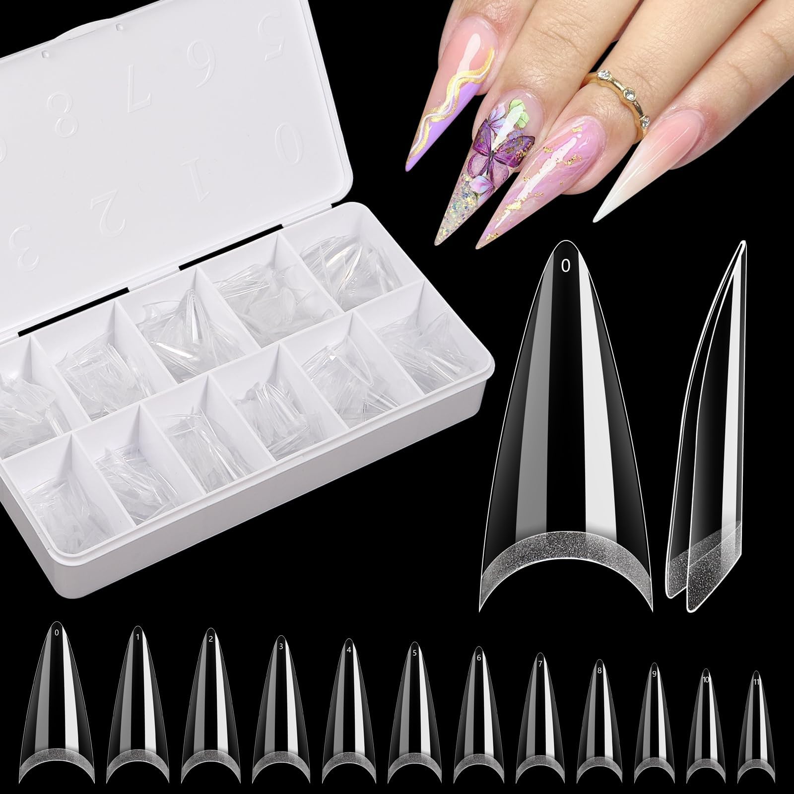 Clear Stiletto Nail Tips, No C Curve Medium Nail Tips for