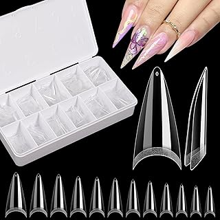 Clear Stiletto Nail Tips, No C Curve Medium Nail Tip for Acrylic Nails Professional, 550PCS Soft Gel Nail Tips Half Cover Stiletto Almond Fake Nails Extension for Salon Home DIY