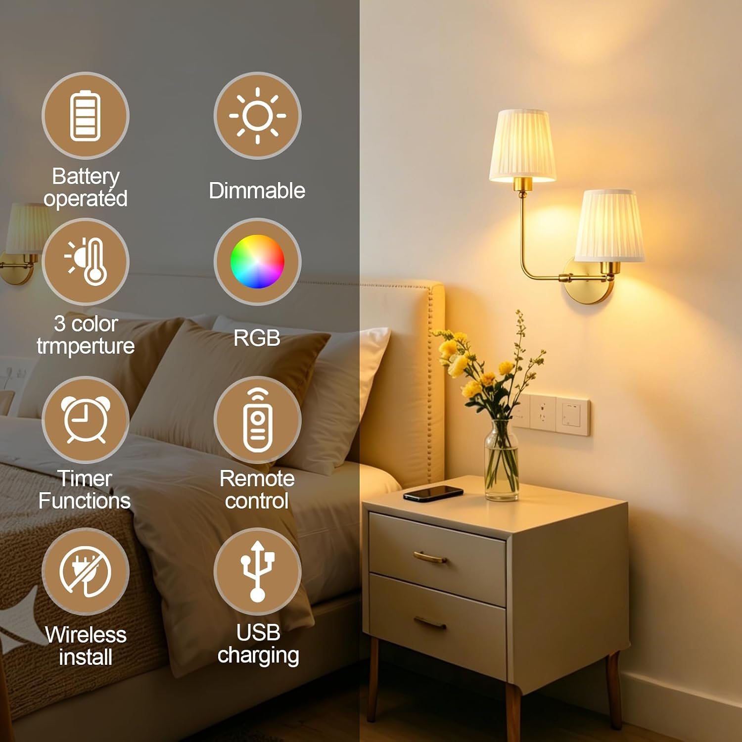 Wireless Sconces Set of 2, Vintage Double Head Battery Operated Wall Sconce, Rechargeable LED Lamps with Remote Control, 15 RGB Colors Cordless Indoor Light for Bedroom Living Room Hallway Fireplace
