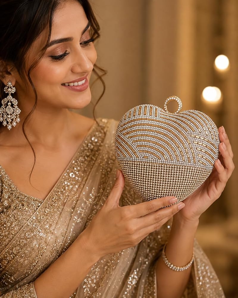 ✨極美品✨ crystal heart clutch パーティーバッグ Golden Heart Shape Clutch for Women | Bridal Crystal Rhinestone