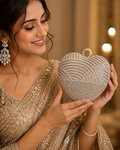 Golden Heart Shape Clutch for Women | Bridal Crystal Rhinestone