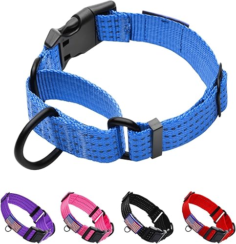 LUCKYDC Collar Martingale para entrenamiento de perros Collares reflectantes de nailon ajustables con hebilla bandera de Estados Unidos sin tirones
