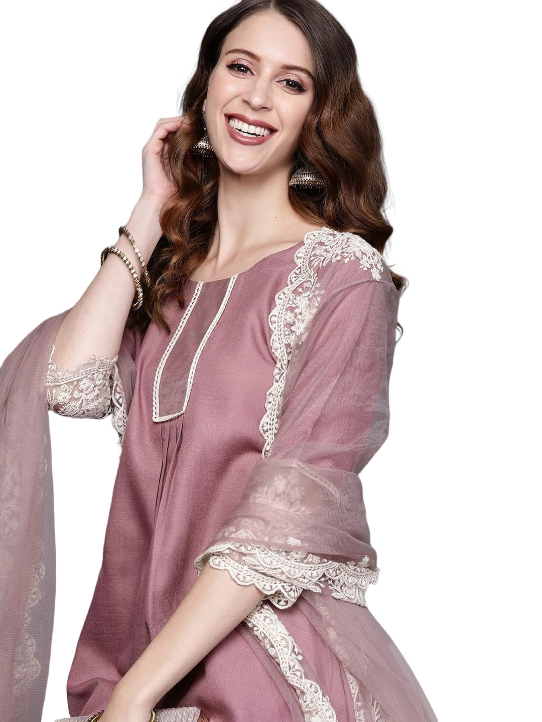 Alvami Women Embroidery Kurta And Pant Set With Dupatta(In, Alpha, L, Peach)