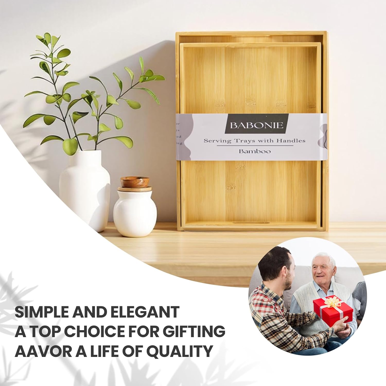 Bamboo Serving Trays with Handles Set of 2 - Portable Rectangular Trays for Serving Food, Serving, Decor & Storage, Suitable for Bedroom, Living Room, Kitchen, Restaurant, Outdoor & More