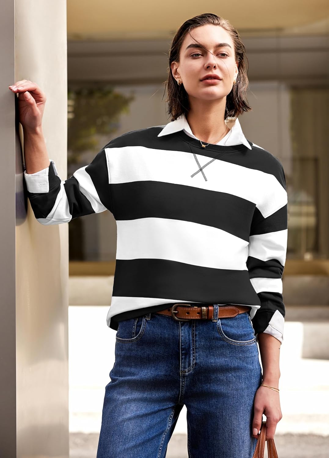 Nirovien Womens Striped Oversized Sweatshirts Casual Long Sleeve Crewneck Sweatshirt Color Block Pullover Tops - Image 2