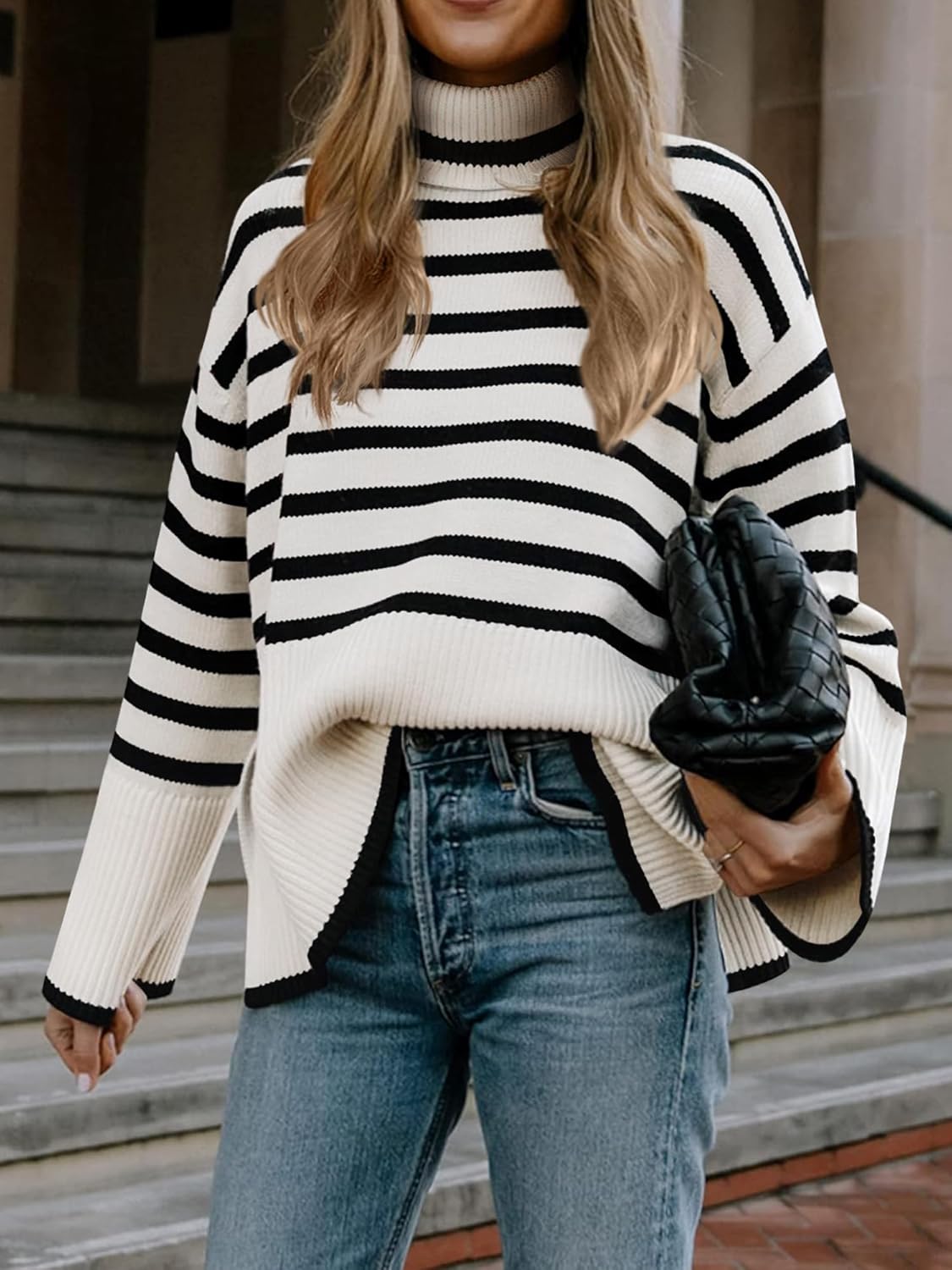 AGSEEM Fall Sweaters for Women Pullover Long Sleeve Turtleneck Striped Cable Knit Side Slit Tops Oversized Sweater Trendy