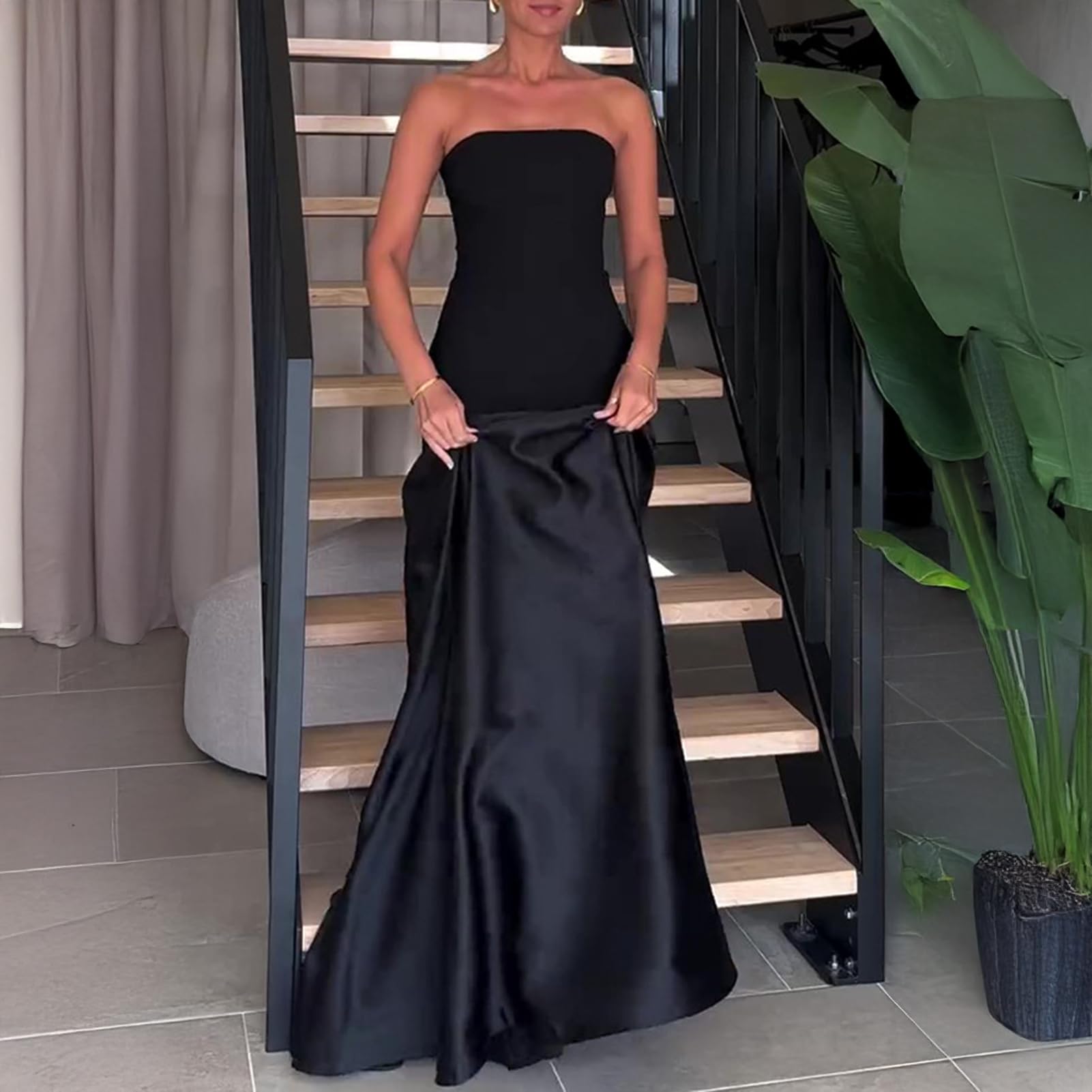 Vestido largo de satén sin tirantes, con hombros descubiertos, vestido largo de noche, elegante, ajustado, para cóctel, fiesta, boda