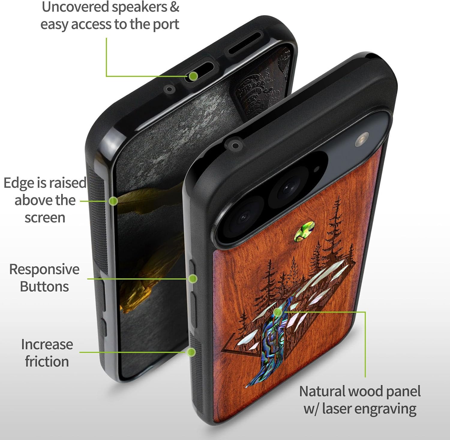 Carveit Magnetic Wooden Case for Google Pixel 9 Case, Wood Artisan Engraved & Handmade Shell Inlaid, Compatible with MagSafe Wireless Chargers, Forest and Waterfall - Rosy