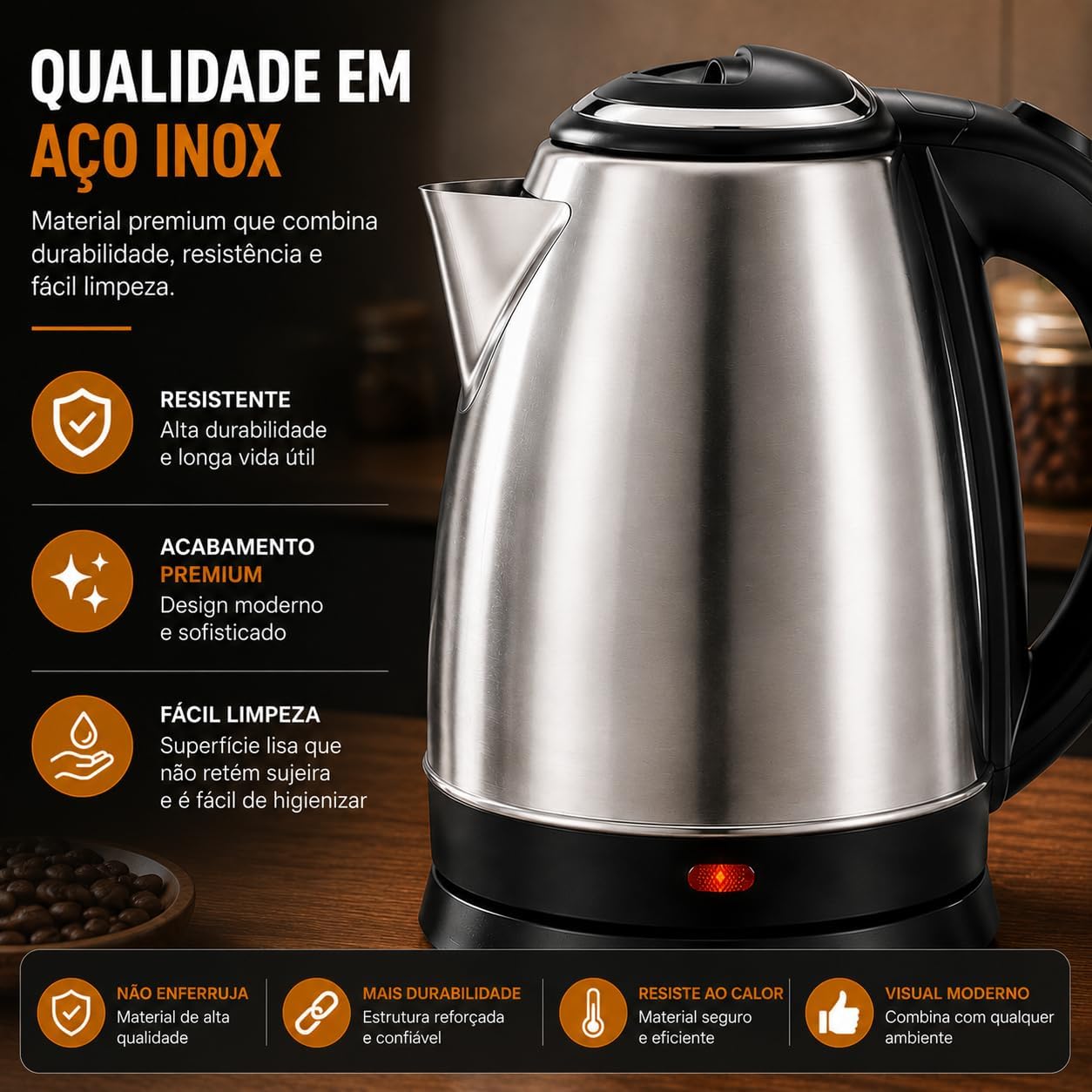 Chaleira Elétrica 2 Litros Inox Desligamento Automatico Cor Aço 220V Aquecimento Rápido Segura Café Chá Fácil Abertura Premium GT (220V)