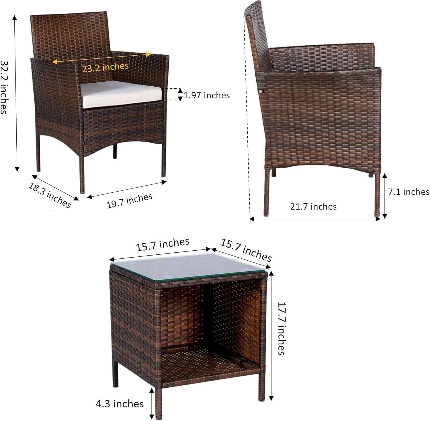 BTEXPERT Outdoor Wicker Conversation 3 Piece Bistro Set Garden Patio Yard Porch Furniture Space Saving Pe Rattan Two Chairs Cushions Side Storage Glass Table Brown/Beige 3pc Set
