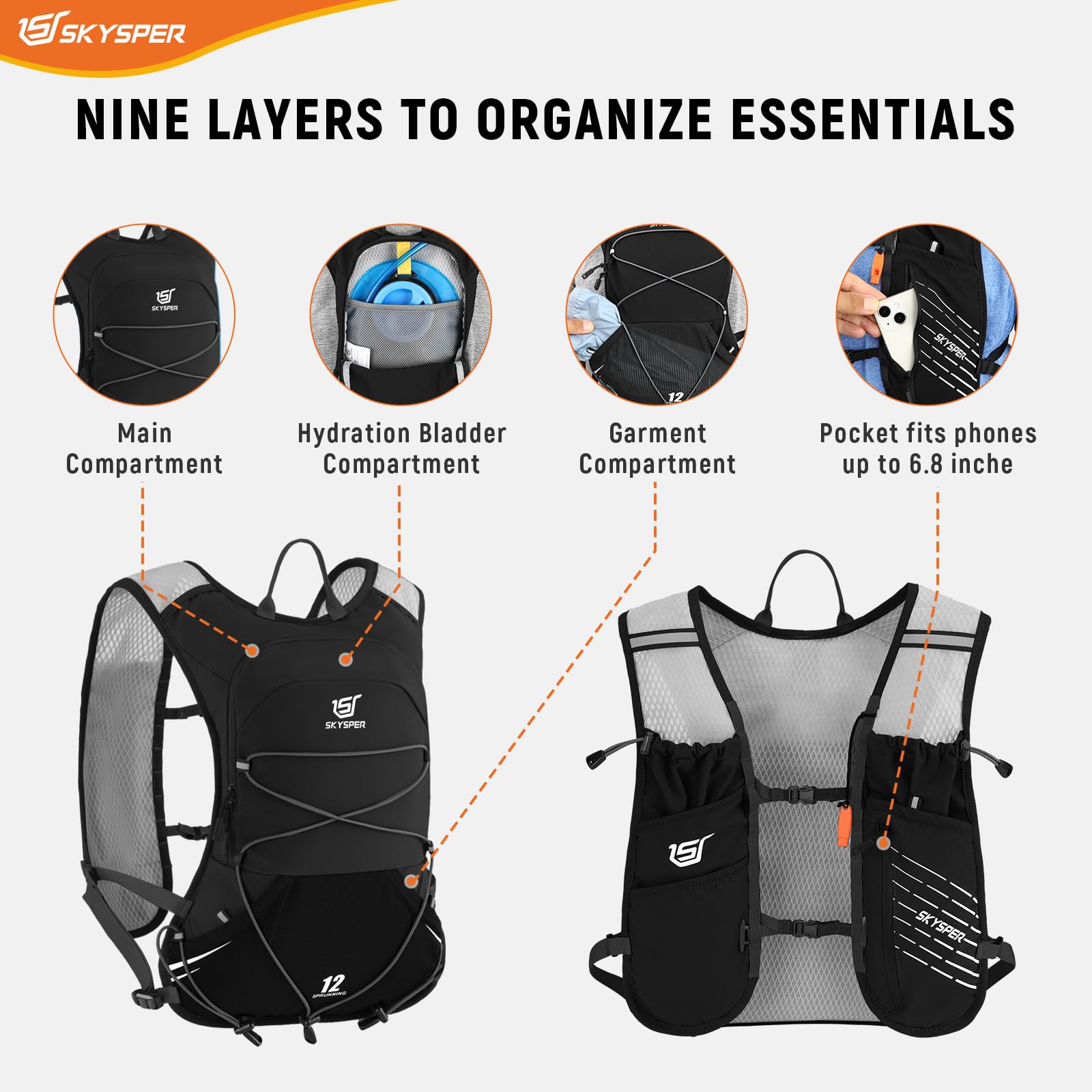 SKYSPER Chaleco de Hidratación Running 12L, Chaleco Ligero con 2 Botellas 500ML y Diseño Reflectante para Trail Maratón y Senderismo
