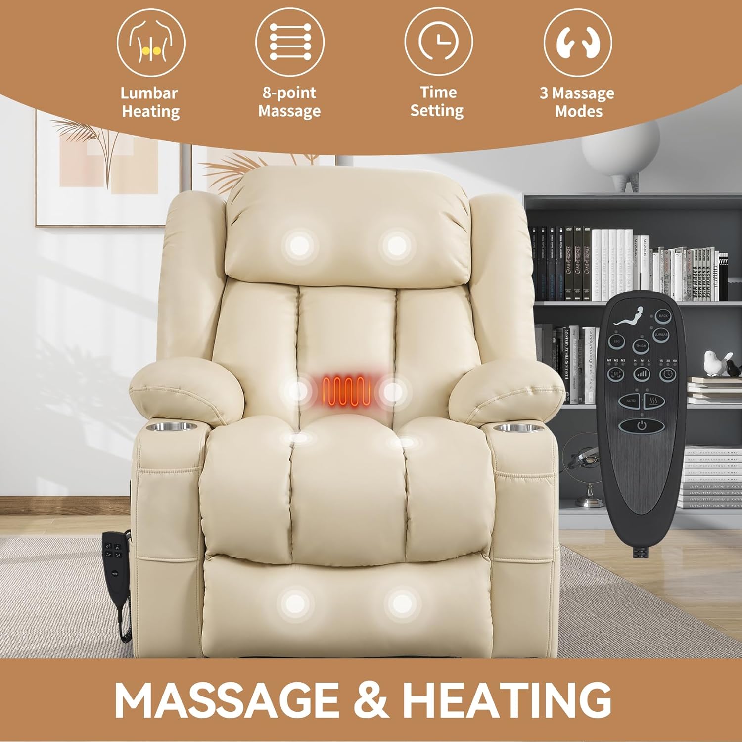 Electric Lift Chair Oversized, Dual Motor Power Lift Recliner Faux Leather Sofa with 8-Point Vibration Massage and Lumbar Heating, Stainless Steel Cup Holders for Elderly, Medium-Firm, Beige