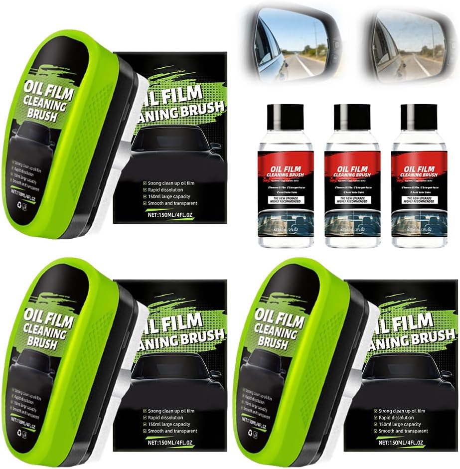 Car Glass Oil Film Cleaner, New Automotive Oil Film Cleaning Brush, Car Windshield Cleaner with Extra Cleaner, Preserve Clarity, Immediately See the Effects, Perfect Visibility at All Times (3Set)