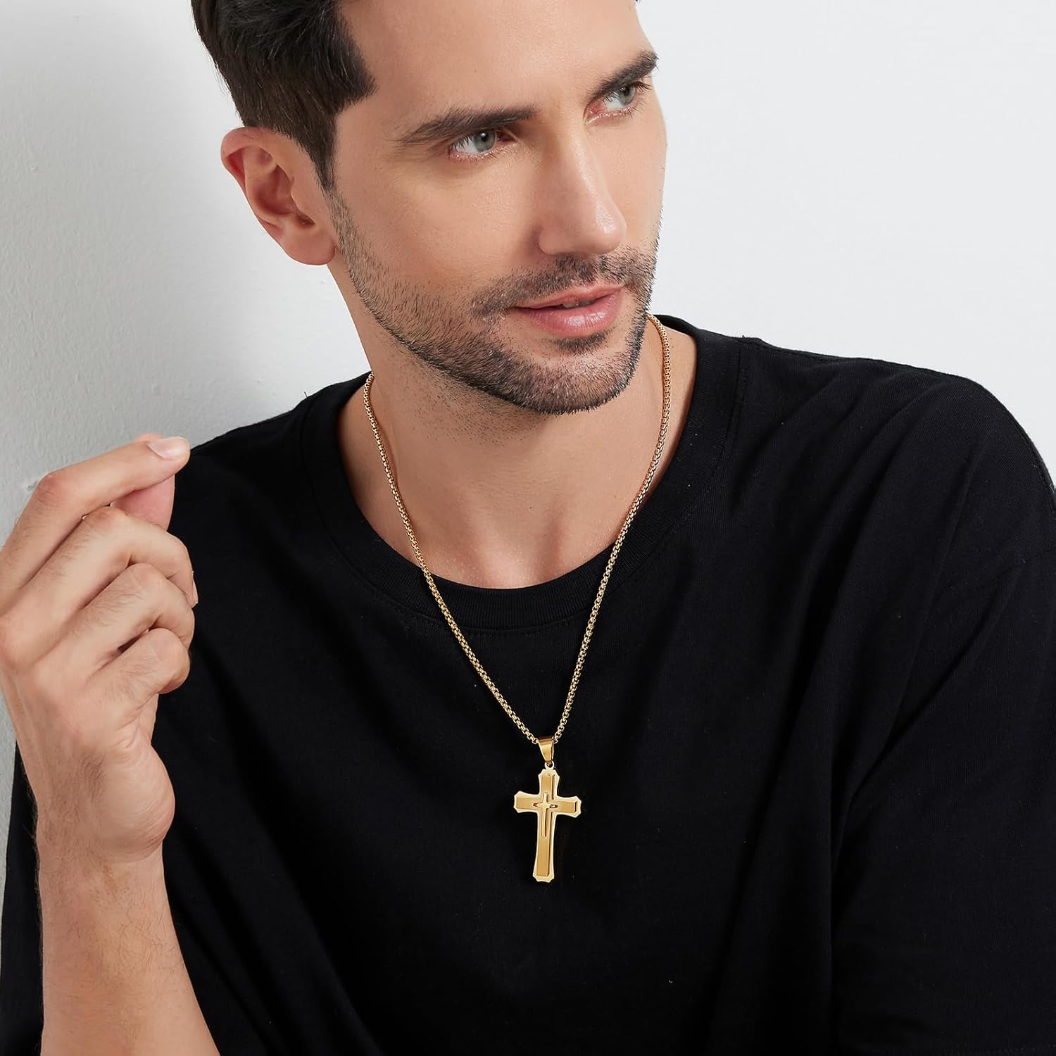 Men's Cross Necklace 316L Stainless Steel Large Heavy Cross Pendant for Men Polished Jewelry Rolo Chain with 22'' 24'' 26'' - Image 2