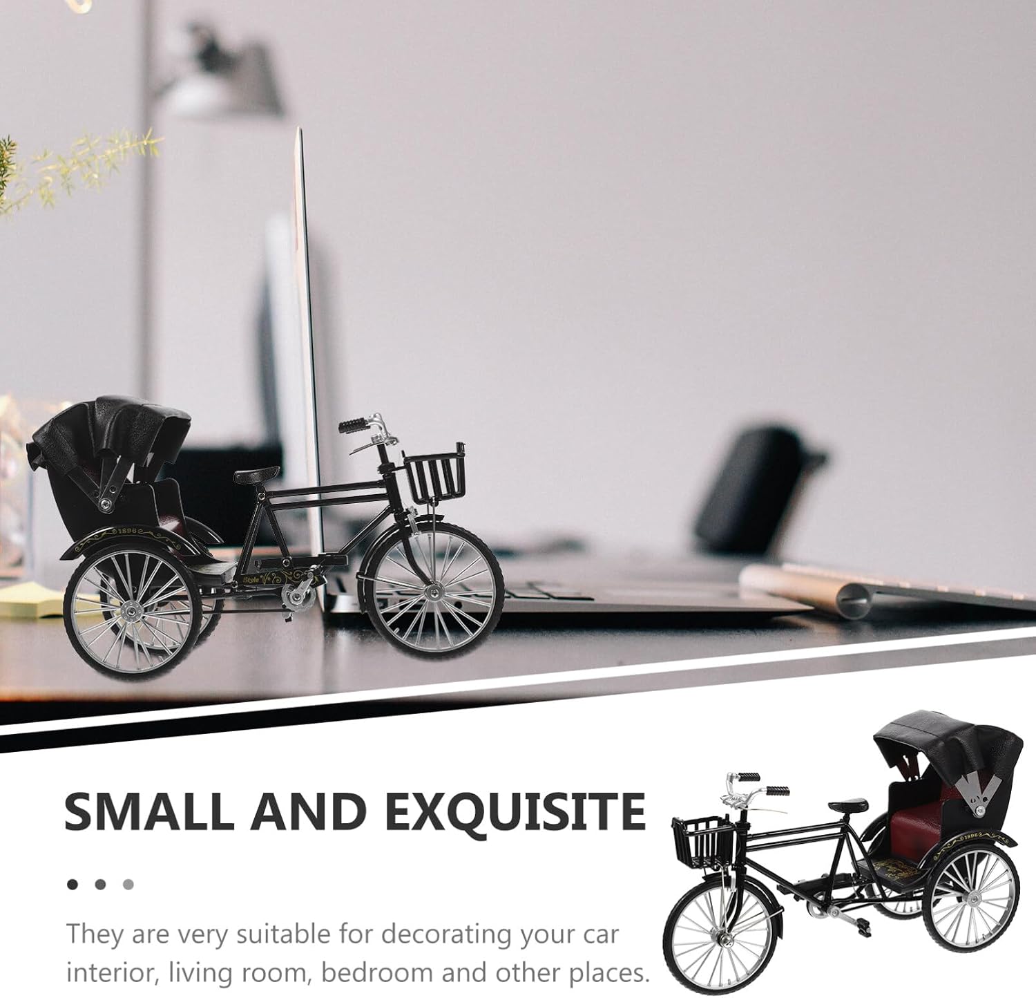 Retro Jinrikisha Mini Model Vintage Metal Bicycle Ornaments Desktop Crafts Ironwork Bike Figurines Miniature Bicycle Model Collections Tiny for Bike Lovers Black