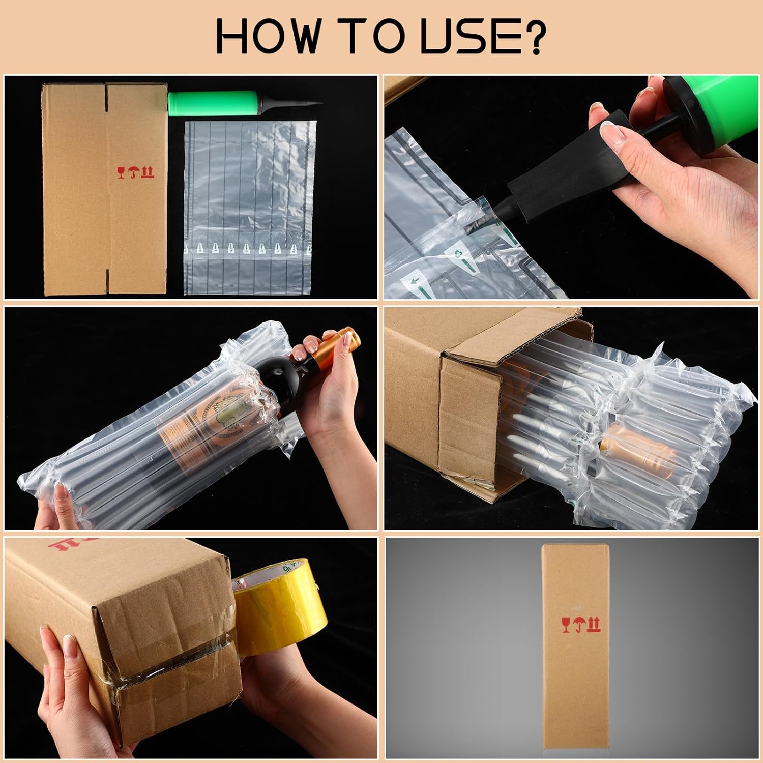 Tenceur 10 Sets Wine Shipping Box Wine Bottle Travel Protector Bags Inflatable Bags for Travel Air Column Shipping Sleeves and Corrugated Box Reusable Pump for Transportation
