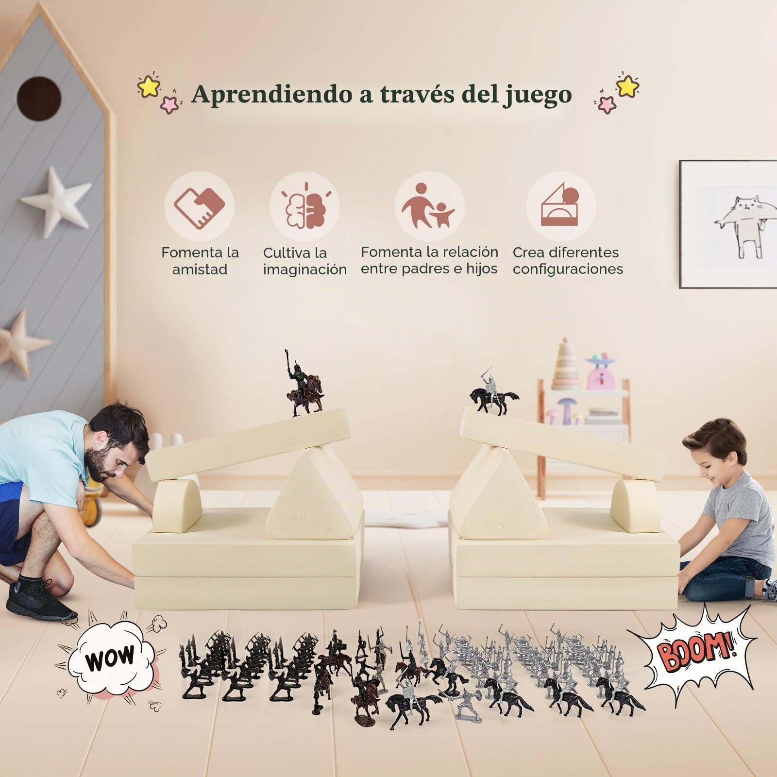 Sofá para niños CUPCHID, sofá modular de juego, sofá para niños, muebles para dormitorio y sala de juegos para niños pequeños, espuma convertible (Set de 14 - Beige)