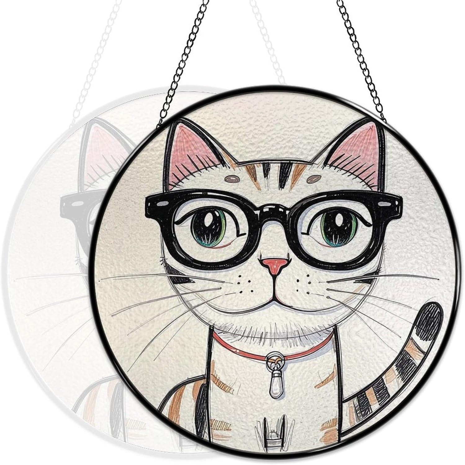 Stained Glass Hanging Sign Suncatcher, Hipster Cat