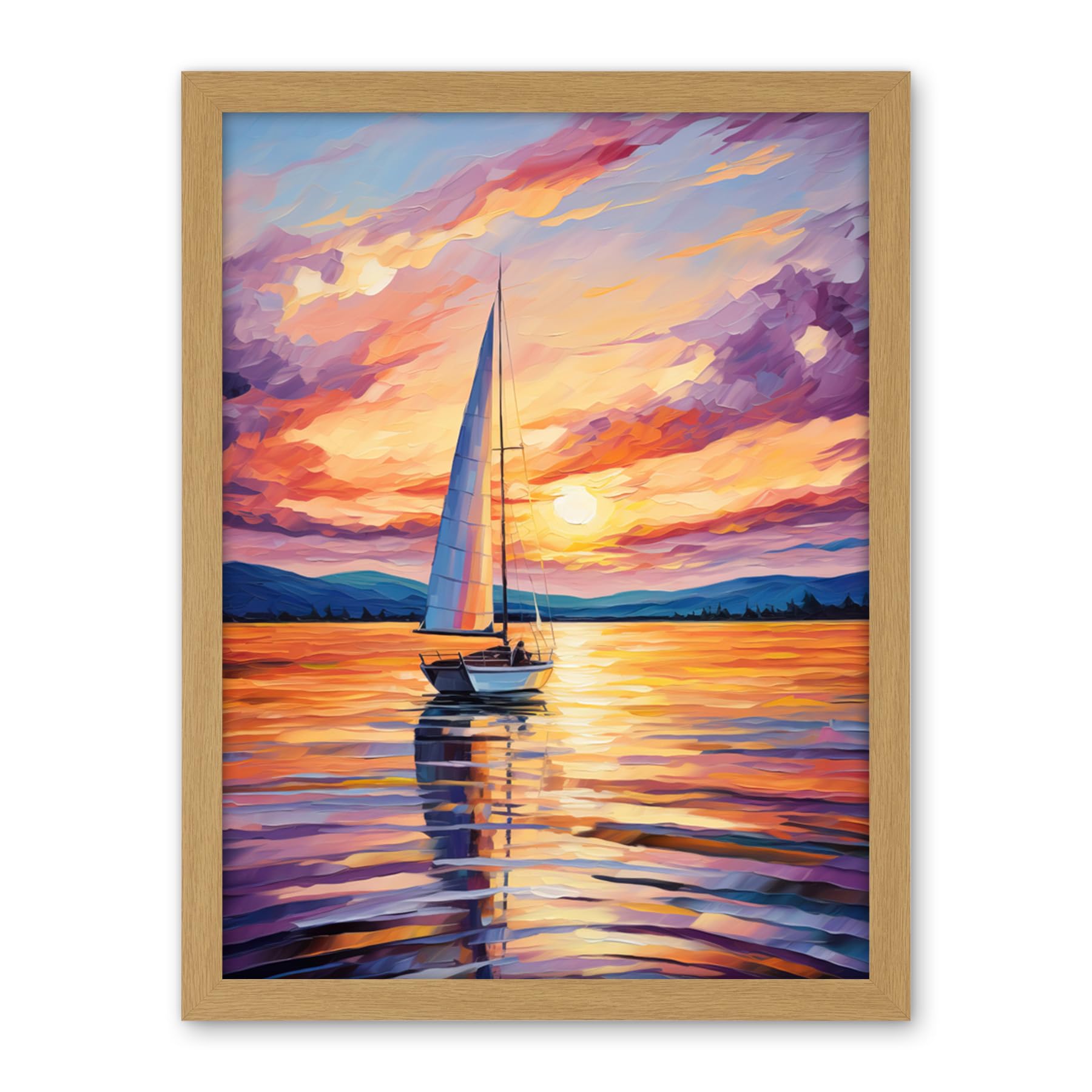 Artery8 Sunset Sailing Vibrant Oil Painting Orange Purple Blue Bathroom Artwork Sail Boat Seascape Artwork Framed Wall Art Print 18X24 Inch