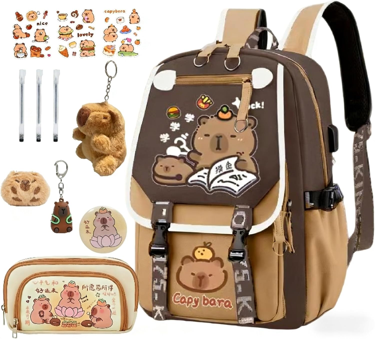 Kapibara Capybara Cartoon Backpack Gift Large Capacity Waterproof Kapibara stuff kawaii backpack with pins and Accessories (Pattern 2)